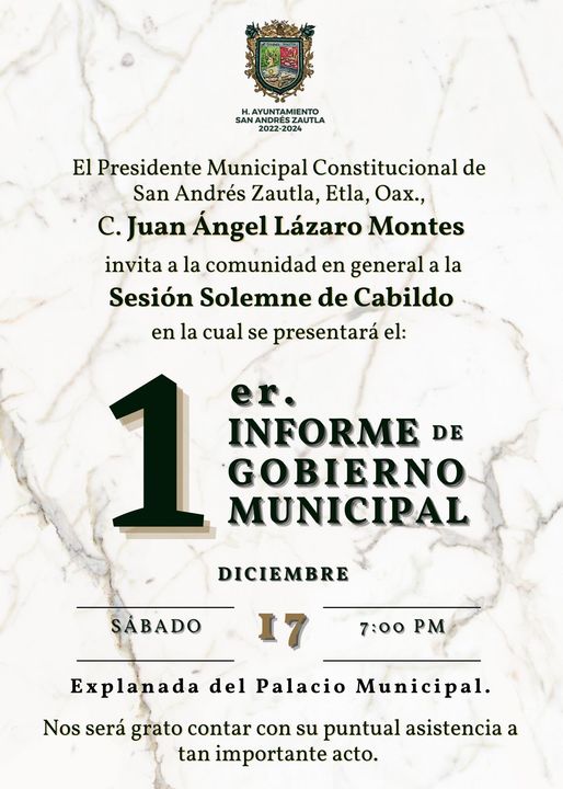 Invitación Al 1er Informe De Gobierno Municipal San Andres Zautla