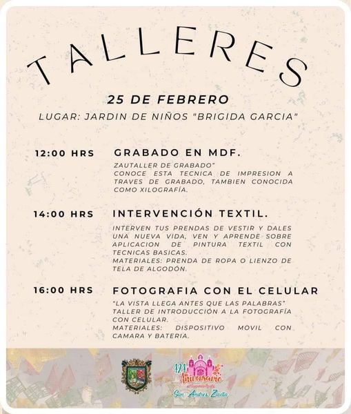 Invitación a Talleres y Proyecciones en el marco del 424 Aniversario de la Fundación Oficial de San Andrés Zautla.